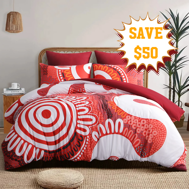 Badged - Quilt Cover Set- Waterways: CHERRY RED